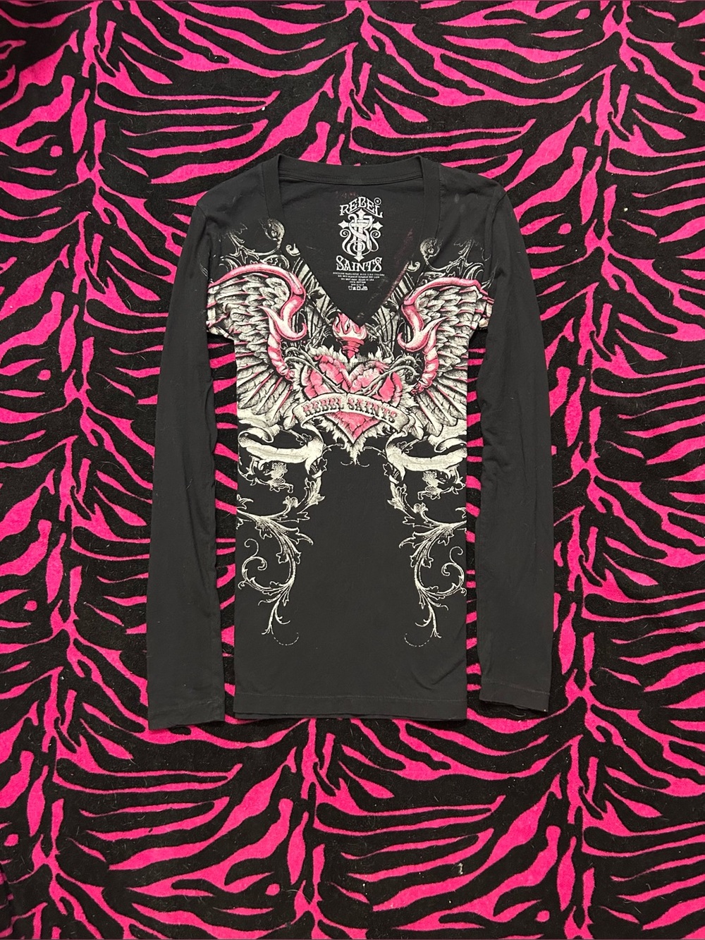 Y2K Vintage Rebel Saints Angel Wings Heart Long Sleeve Top McBling Grunge